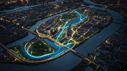 Night city island river aerial development