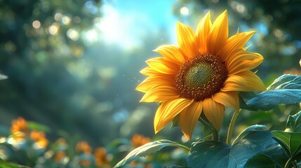 Naklejka premium Vibrant sunflower blooming in a sunlit garden surrounded by lush greenery and soft bokeh