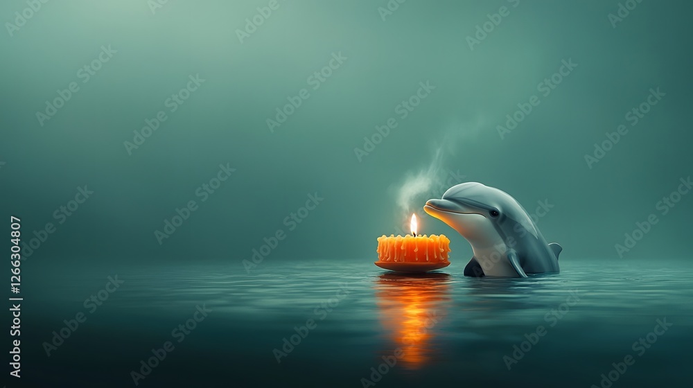 Poster friendly dolphin emerging from the water blowing out a floating candle in an oceanic fantasy scene s