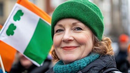 Woman Celebrating St. Patrick's Day with Green Hat and Flag