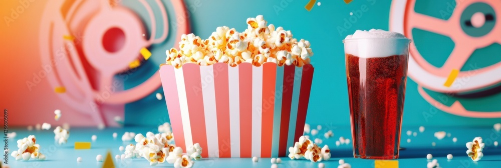 Poster enjoying popcorn and a refreshing drink at a vibrant movie screening atmosphere. generative ai