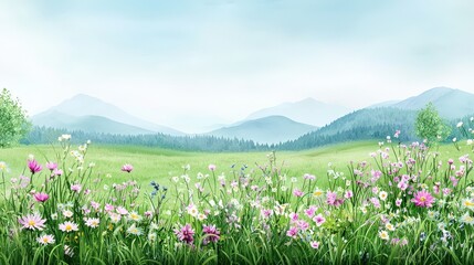 A lush green meadow covered in wildflowers, painted in soft watercolor style, with gentle hills rolling in the background. A peaceful and serene moment in nature.