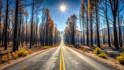 Fototapeta premium Asphalt Road Through a Sunlit Forest of Burned Trees, Leading to a Distant Horizon