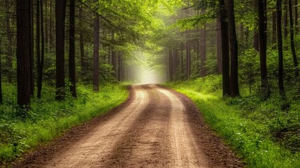 Obraz premium Serene forest path winding through lush greenery, sunlight filtering through trees, peaceful atmosphere