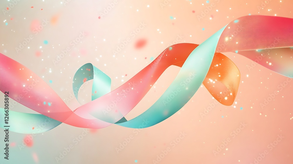 Poster Colorful ribbons flow dynamically to the right with shimmering sparks background