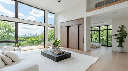 Fototapeta premium Modern living room with city view, natural light, and minimalist design