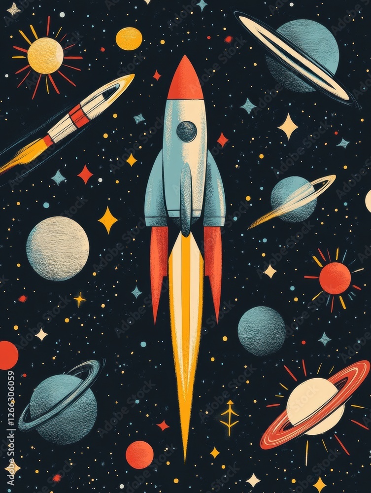 Poster colorful rocket stickers surrounded by planets and stars in a vibrant space themed design. generativ