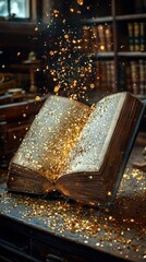 Ancient Book Open With Golden Glitter Falling