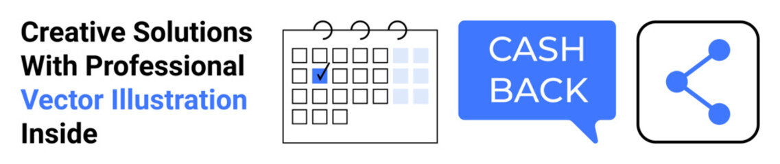 Calendar with selected date, speech bubble for cashback, and share arrow icon. Ideal for business planning, offers, discounts, marketing, sharing tools, social media flat landing page banner