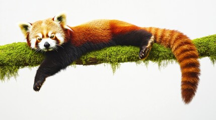 Obraz premium Relaxed red panda lounging on a moss-covered branch in a serene natural setting
