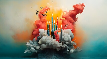Enchanting oceanic beings delightedly snuffing out a kaleidoscope of radiant birthday candles in a verdant submerged oasis with a painterly high contrast chiaroscuro and nostalgic analog aesthetic