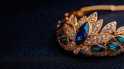 Naklejka premium Gold bracelet with blue and green gemstones. Close-up view