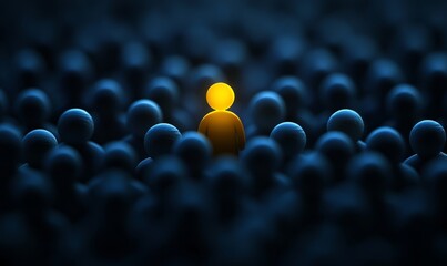 Obraz premium 3D render of a yellow, glowing figure standing out from a crowd of dark blue figures, in a minimalistic style, with a perspective view and a dark background.