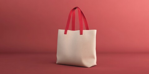 Stylish tote bag with red straps against a minimalist background in soft pastel tones