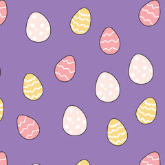 Seamless Easter pattern with decorated eggs on purple background