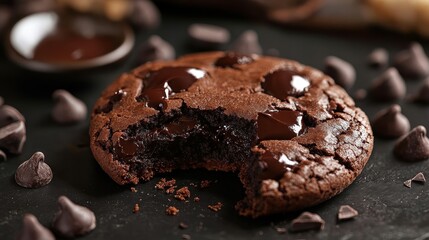 A decadent chocolate cookie with melted chocolate chunks. Perfect for websites, blogs, or recipe books about desserts.