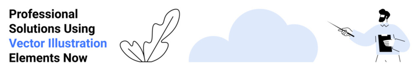 Teacher with clipboard pointing at abstract cloud and feather outlines. Ideal for education, creativity, storytelling, online learning, design, strategy, art, flat landing page banner