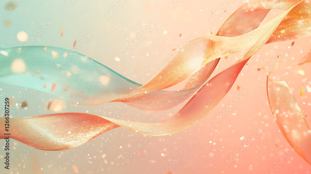 Poster colorful ribbons flow dynamically to the right with shimmering sparks background