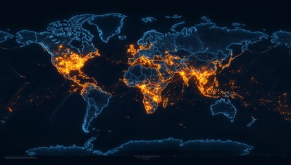 Digital map of the world with glowing connections between cities, representing the global network and connectivity.