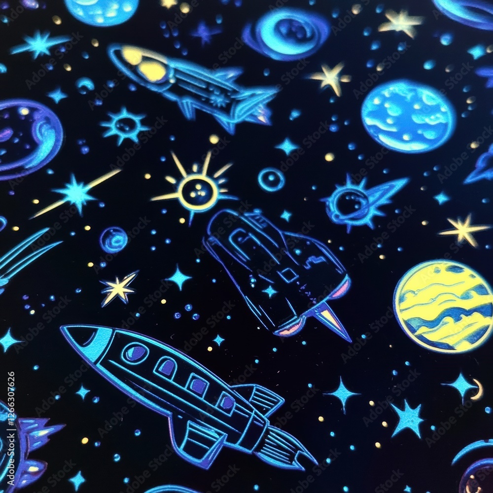 Poster colorful space themed stickers featuring rockets and planets on a dark background for creative proje