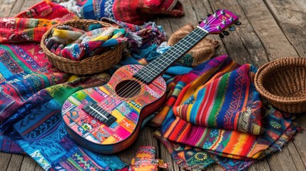 Colorful Ukulele rests on vibrant textiles, wooden background, travel, music