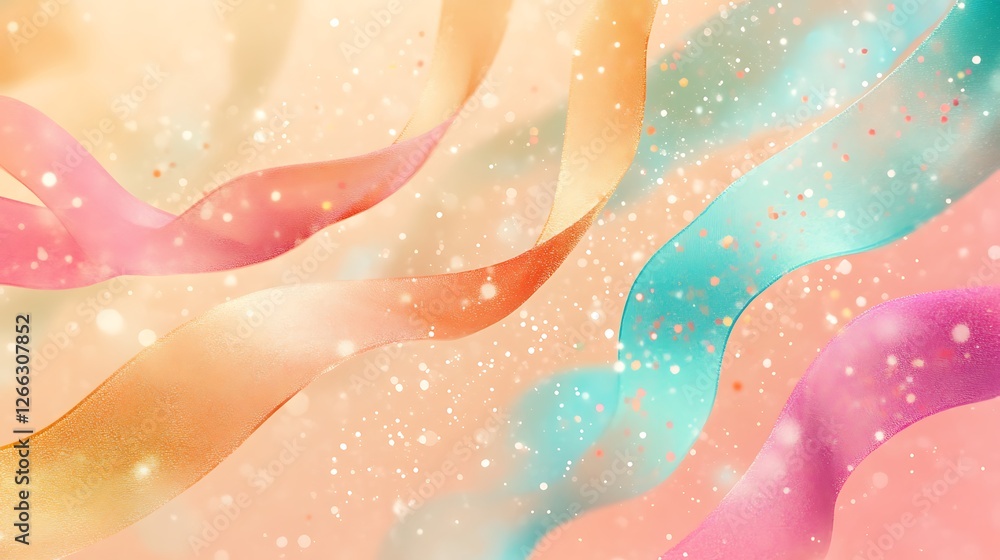 Poster colorful ribbons flow dynamically to the right with shimmering sparks background