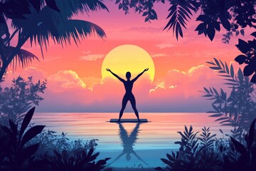 A person performs yoga on a floating mat over calm ocean waters at sunset, arms wide open towards the glowing sun, surrounded by tropical palm trees, creating a peaceful and meditative atmosphere.