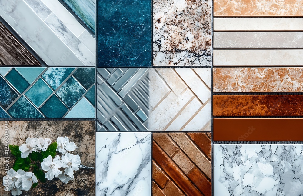 Poster diverse collection of high-end tiles in various colors and textures displayed creatively : generativ