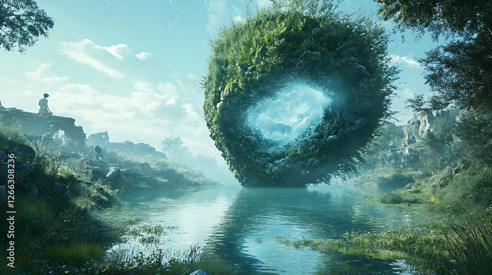 Poster enchanting nature scene with a mystical orb surrounded by lush greenery and tranquil waters : genera