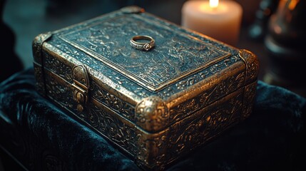 Ornate antique jewelry box with a ring on top, illuminated by candlelight in a cozy setting