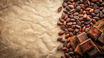Aromatic cocoa beans and rich dark chocolate squares rest on crumpled paper, a tempting display of confectionery delights