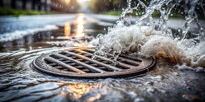 Stormwater Overflowing a Street Drain Grate During a Heavy Rainfall