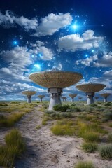 A stunning landscape featuring large radio telescopes under a starry sky with vibrant clouds and lush greenery.