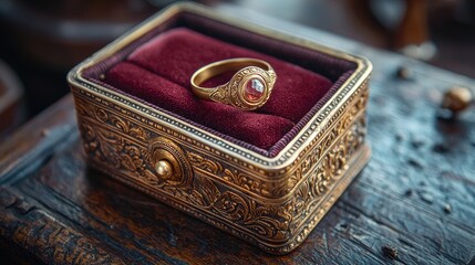 Ornate golden ring displayed on plush velvet cushion inside an antique decorative box, evoking elegance
