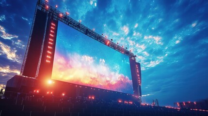 Massive LED screen displays vibrant sunset sky. Ideal for concert, event, or technology related projects.