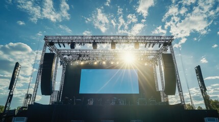 Large outdoor stage with screen, sunlit. Ideal for concert, festival, or event promotion.
