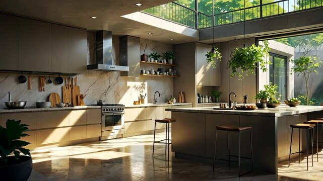 Video footage of modern kitchen with a large skylight, island, barstools, hanging plants, and stainless steel appliances