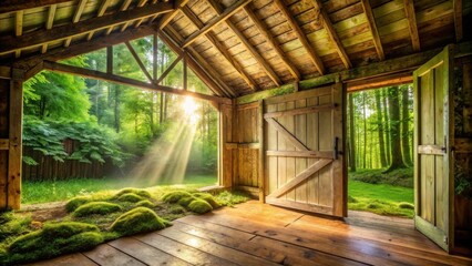 Serene woodland sanctuary sunlit beams illuminate mossy floor within rustic wooden structure, open doors reveal vibrant forest vista