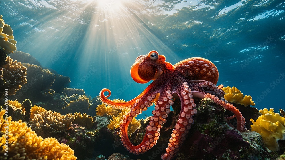 Poster colorful octopus exploring a vibrant coral reef illuminated by sunrays in clear ocean waters : gener