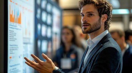A man presents data at a conference, gesturing towards a display board filled with graphs and statistics, engaging with an audience.