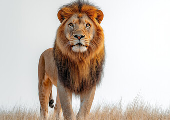 Fototapeta premium Majestic Male Lion with a Regal Mane Standing Proudly Against a White Background, Showcasing the Beauty and Strength of the King of the Jungle