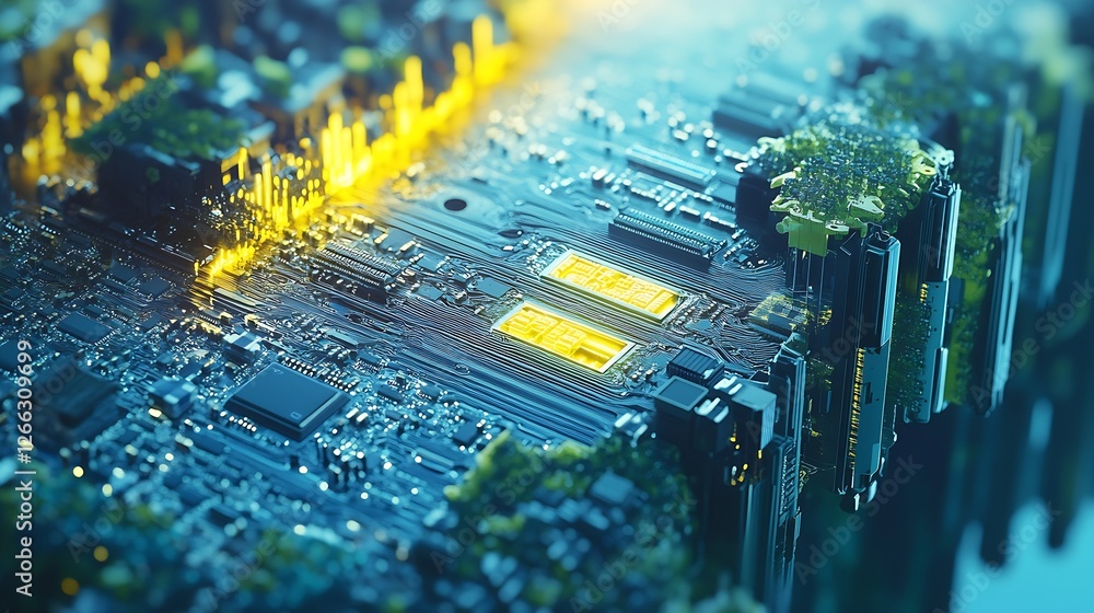 Fototapete Close-Up View of a Computer Motherboard with Greenery and Illuminated Components in a Futuristic Setting : Generative AI