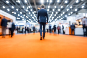 Obraz premium A blurred background of business people walking around at an open tech conference with orange carpet and white ceiling lights.