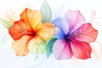 Obraz premium Vibrant watercolor illustration of hibiscus flowers showcasing bright colors and delicate details for floral design.