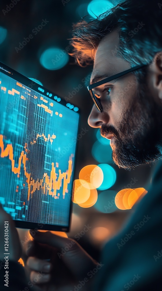 Leinwandbilder Profile view of a man studying finance data on a digital screen with colorful analytics and graphs : Generative AI