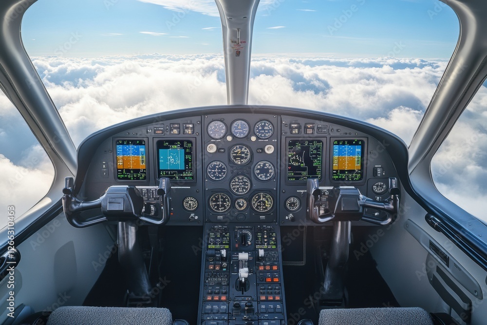 Poster Cockpit view from a helicopter soaring above white fluffy clouds on a clear sunny day. Generative AI