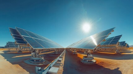 Obraz premium A panoramic view of solar panels reflecting sunlight in a clear blue sky, showcasing renewable energy technology in a desert landscape.