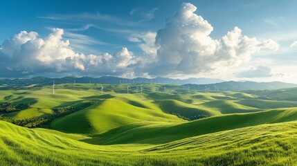 Obraz premium A serene landscape featuring rolling green hills under a bright blue sky with fluffy clouds and distant wind turbines.