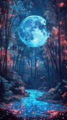 Fototapeta premium Enchanted Neon Forest with Glowing River Under a Bright Moon