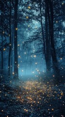Fototapeta premium Mysterious Foggy Forest with Soft Glowing Fireflies and Enchantment